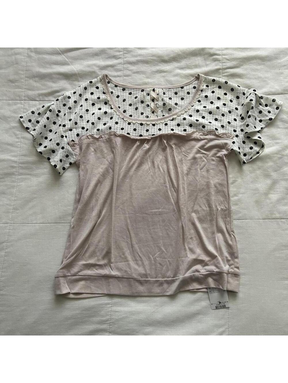 NWT axes femme cream polka dot pink short sleeve blouse with bow detail